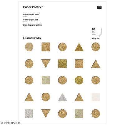 RICO DESIGN Bloc papier paillet&eacute; Glamour - Dor&eacute; / Argent&eacute; - 10 pcs