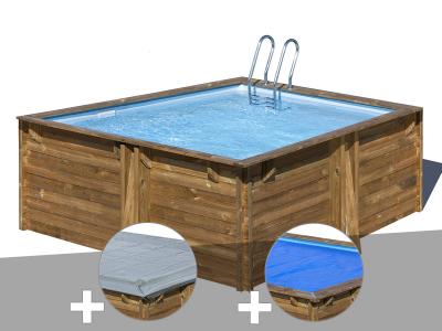 GRE Kit piscine bois Gr&eacute; Carra 3,05 x 3,05 x 1,19 m + B&acirc;che hiver + B&acirc;che &agrave; bulles