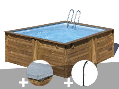 GRE Kit piscine bois Gr&eacute; Carra 3,05 x 3,05 x 1,19 m + B&acirc;che hiver + Douche