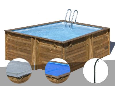 GRE Kit piscine bois Gr&eacute; Carra 3,05 x 3,05 x 1,19 m + B&acirc;che hiver + B&acirc;che &agrave; bulles + Douche