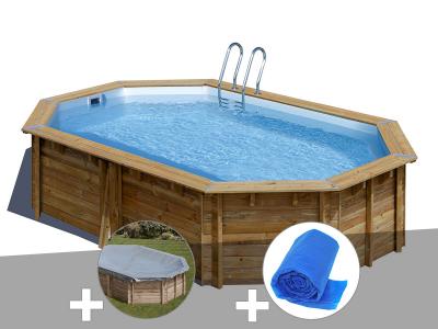 GRE Kit piscine bois Gr&eacute; Vermela 6,72 x 4,72 x 1,46 m + B&acirc;che hiver + B&acirc;che &agrave; bulles