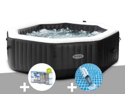 INTEX Kit spa gonflable  PureSpa Carbone octogonal Bulles et Jets 6 places + 12 filtres + Aspirateur