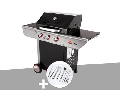 SOMAGIC Barbecue &agrave; gaz avec chariot 3 br&ucirc;leurs Manhattan 300S -  + Malette de 8 accessoires inox