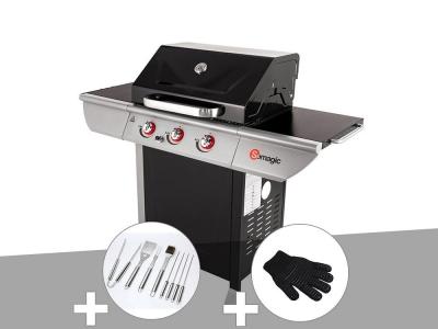 SOMAGIC Barbecue &agrave; gaz avec chariot 3 br&ucirc;leurs Manhattan 300S -  + Malette de 8 accessoires inox + Gant de protection 