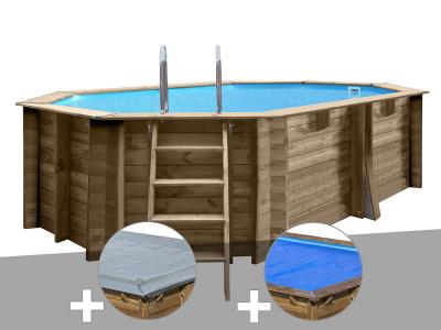 GRE Kit piscine bois Gr&eacute; nade 4,36 x 3,36 x 1,17 m + B&acirc;che hiver + B&acirc;che &agrave; bulles