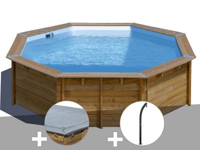 GRE Kit piscine bois Gr&eacute; Violette &Oslash; 5,00 x 1,27 m + B&acirc;che hiver + Douche