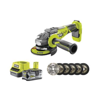 RYOBI Pack  meuleuse d'angle brushless 18V One+ R18AG7-0 - 1 batterie 18V 5.0Ah - 1 chargeur rapide - kit de 6 disques 125 mm 