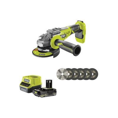 RYOBI Pack  Meuleuse d'angle brushless R18AG7-0 - 18V One+ - 1 batterie 2.0Ah - 1 chargeur rapide RC18120-120 - Kit 6 disque 125 mm 