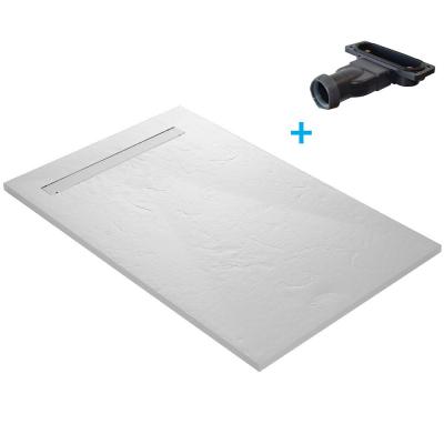 U TILE Receveur Solid surface imitation ardoise Slate - 180 x 90 cm - grille caniveau excentr&eacute;e - blanc