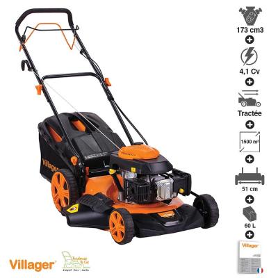 VILLAGER Tondeuse thermique autotract&eacute;e moteur puissant 173cm3 4,1 cv coupe 50cm mulching atlas 5111t