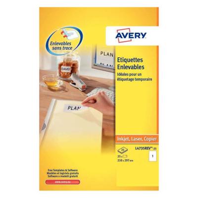  Avery L4734REV - Adh&eacute;sif amovible - blanc - 143.5 x 199.6 mm 50 unit&eacute;s (25 feuille(s) x 2 &eacute;tiquettes 