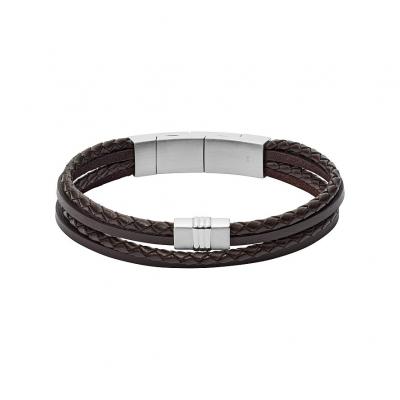 FOSSIL  Men Bracelet Multi-Rangs En Cuir Tress&eacute; Brun Marron - One size