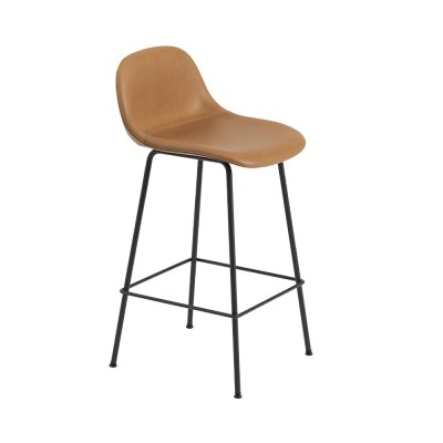 Tabouret avec dossier Fiber cuir cognac & pi&egrave;tement acier H87,5 cm - Muuto