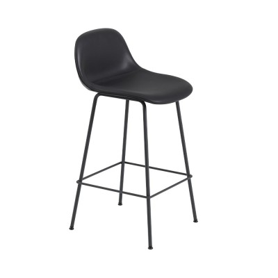 Tabouret avec dossier Fiber cuir noir & pi&egrave;tement acier H87,5 cm - Muuto