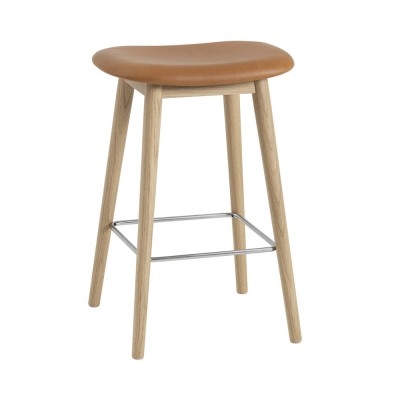 Tabouret Fiber cuir cognac & pi&egrave;tement bois H66 cm - Muuto