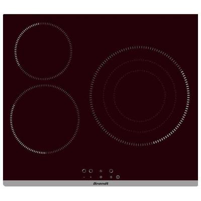 BRANDT 60cm - 3 Foyers radiants Quicklight 20-1800W / 16,5-1200W / 15-22,5-29.5/1050-1950-2700W - Puissance totale 5,7kW - Commandes sensitives - 9 positions de cuisson - 3 timers - Pack 3