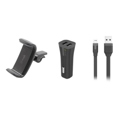 MUVIT Support Smartphone Voiture + Chargeur Allume-Cigare 2A 2 USB + C&acirc;ble Lightning