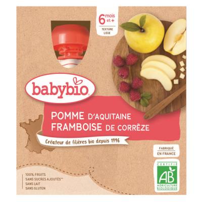 BABYBIO  - Gourdes Fruits - Pomme Framboise 4x90 g - 6+ Mois - BIO