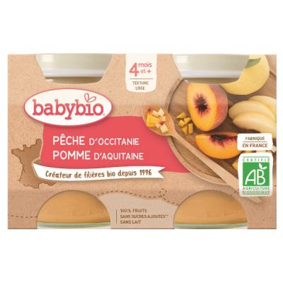 BABYBIO  Petits Pots P&ecirc;che Pomme Bio d&egrave;s 4 mois 2x130g