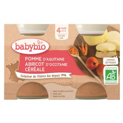 BABYBIO  Fruits Pot Pomme Abricot C&eacute;r&eacute;ale +4m Bio 2 x 130g