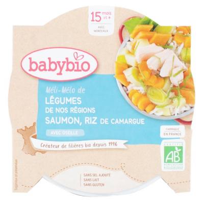 BABYBIO  Petit plat M&eacute;li-m&eacute;lo de l&eacute;gumes, saumon, riz d&egrave;s 15 mois 260g