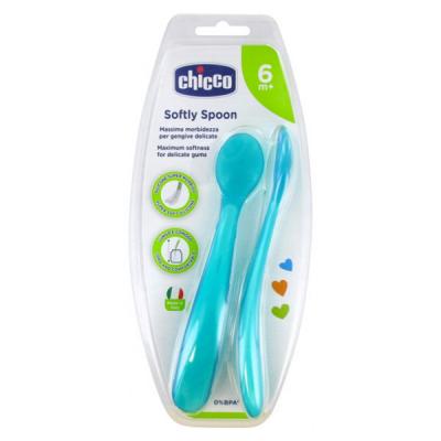 CHICCO  Mes Premi&egrave;res Cuill&egrave;res Souples Bout Silicone Bleu +6m 2 unit&eacute;s