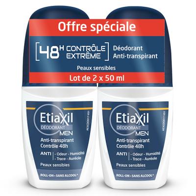 ETIAXIL  D&eacute;odorant Roll-On Men - Anti-Transpirant Contr&ocirc;le 48H, 2x50ml