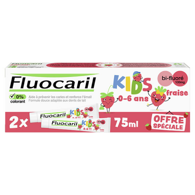 FLUOCARIL  Kids Dentifrice Bi-Fluor&eacute; 0-6 Ans Fraise 2 x 75 ml - Lot 2 x 75 g
