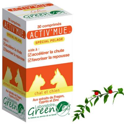 GREENVET  Activ'mue Acc&eacute;l&egrave;re La Chute Du Poil Et Favorise La Repousse Chien Chat 30 Comprim&eacute;s