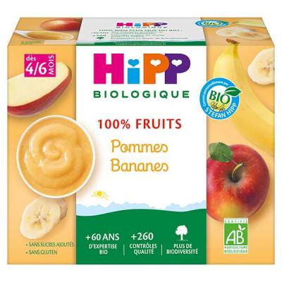 HIPP  100% Fruits Pommes Bananes 4/6 Mois Bio 4 pots x 100 g - Carton 4 pots de 100 g