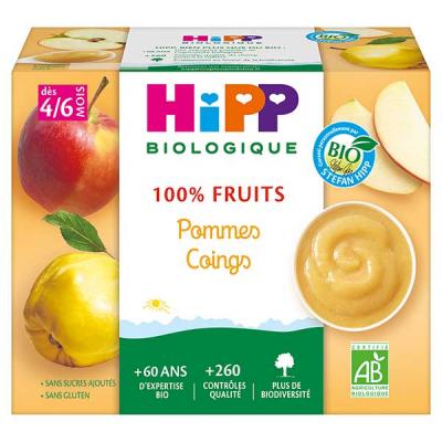 HIPP BIOLOGIQUE Coupelles b&eacute;b&eacute; d&egrave;s 4/6 mois pommes-coings 100% fruits 4x100g -  