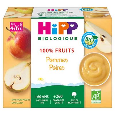 HIPP  Bio 100% Fruits Coupelle Pommes Poires +4m 4 x 100g