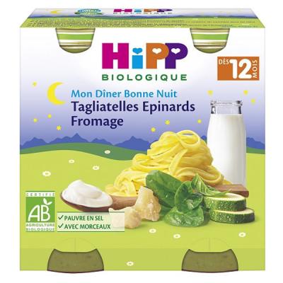 HIPP  Plat b&eacute;b&eacute; d&egrave;s 12 mois tagliatelle/&eacute;pinards, 2 x 250g