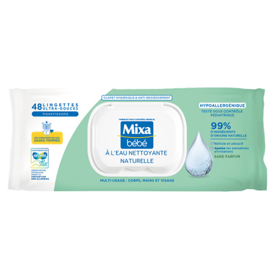 MIXA  Lingettes B&eacute;b&eacute; Nettoyantes &agrave; L'eau Naturelle x48 