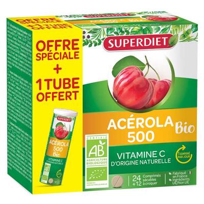 SUPERDIET  acerola 500 bio 24 comprim&eacute;s s&eacute;cables + 12&agrave;croquer