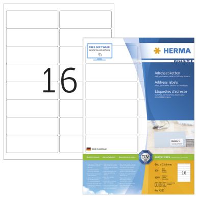 HERMA  4267 &Eacute;tiquettes d'adresse 99,1 x 33,8 Premium A4 1600 pi&egrave;ces Blanc