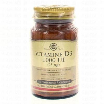 SOLGAR  Vitamine D3 1000 Ui Comprim&eacute;s &agrave; Croquer - Flacon 100 comprim&eacute;s