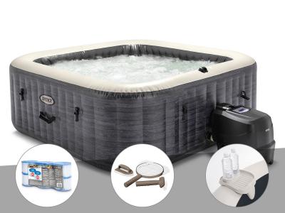 INTEX Kit spa gonflable  PureSpa Ardoise carr&eacute; Bulles 4 places + 6 filtres + Kit d'entretien + Porte-verre