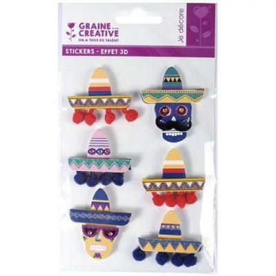 GRAINE CREATIVE ON A TOUS DU TALENT Graine Cr&eacute;ative 6 Stickers 3D - Chapeaux mexicains Sombreros 5,5 cm