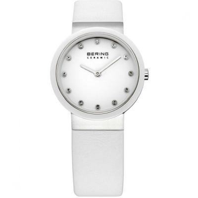 BERING Montre Pour Femme Lunette C&eacute;ramique Blanche Bracelet Cuir 