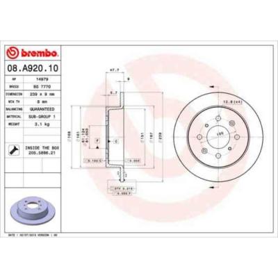BREMBO  08.A920.10 - Disque de Frein Arri&egrave;re - Jeu de 2 disques