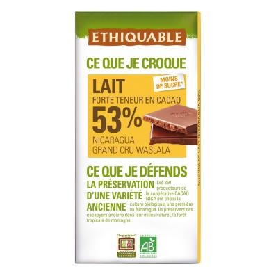 ETHIQUABLE Chocolat Au Lait 53% Cacao Nicaragua Bio  - La Tablette De 100 G