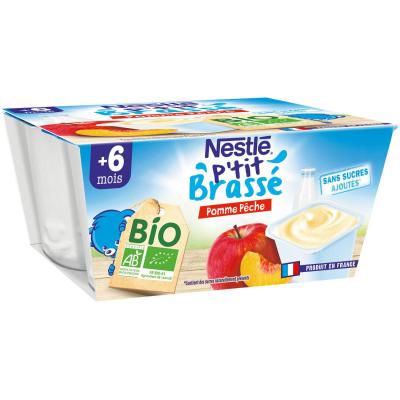 P TI BRASSE Nestl&eacute; p'tit brass&eacute; dessert lact&eacute; pomme p&ecirc;che bio d&egrave;s 6 mois 4x90g 