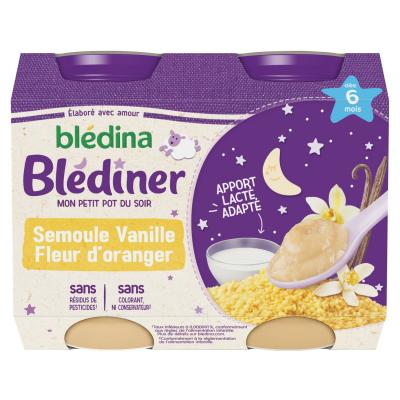 BLEDINA Plat B&eacute;b&eacute; Du Soir D&egrave;s 6 Mois Semoule Vanille Fleur D'oranger Bl&eacute;diner  - Les 2 Pots De 200g