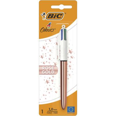 BIC Stylo bille 4 couleurs r&eacute;tractable pointe moyenne rose gold