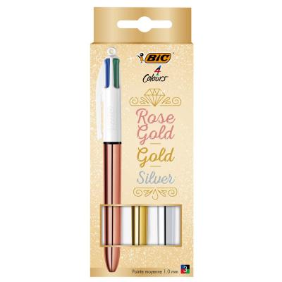 BIC  Lot de 3 stylos &agrave; bille Pick Gold et Silver 4 couleurs