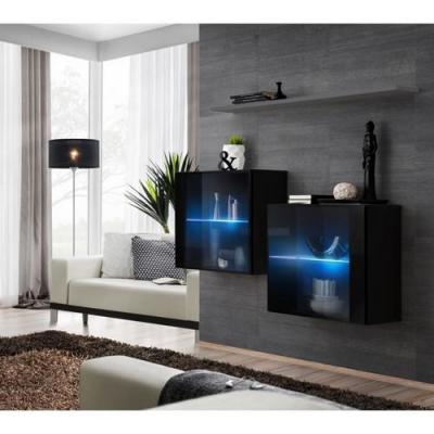 Commode - Switch SB III - 2 vitrines LED - 1 &eacute;tag&egrave;re - Noir et graphite - Mod&egrave;le 2