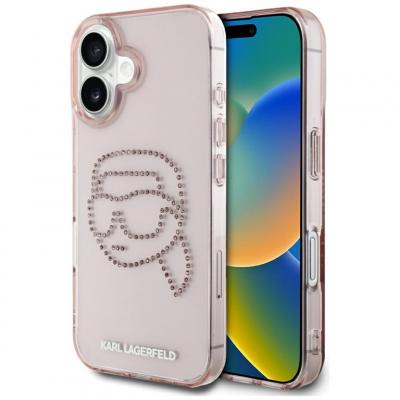 KARL LAGERFELD Coque pour iPhone 16 - IML Strass (KLHCP16SHKHDCELP) - T&ecirc;te Karl Rose