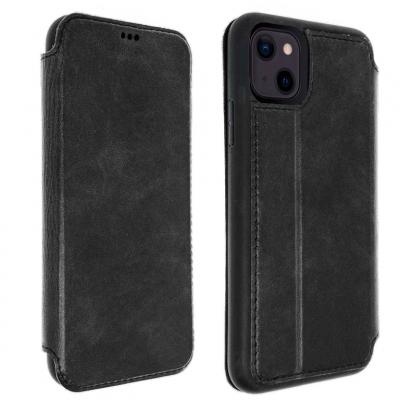 AKASHI Etui pour iPhone 13 Cuir V&eacute;ritable Porte-carte Support Vid&eacute;o Noir