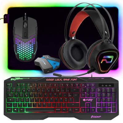 GENERIQUE Pack Gamer 5 en 1 FURY HELLFIRE Clavier, Souris, Tapis, Casque et Convertisseur Switch PS4 XB1